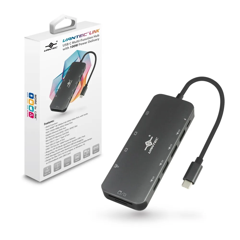 Vantec USB C Multi-Function Hub 2X USB3. 2 X USB2.0 2X 4K HDMI; VGA ; Gigabit RJ45; Audio Out; Sd & Microsd Reader with Pd Pass